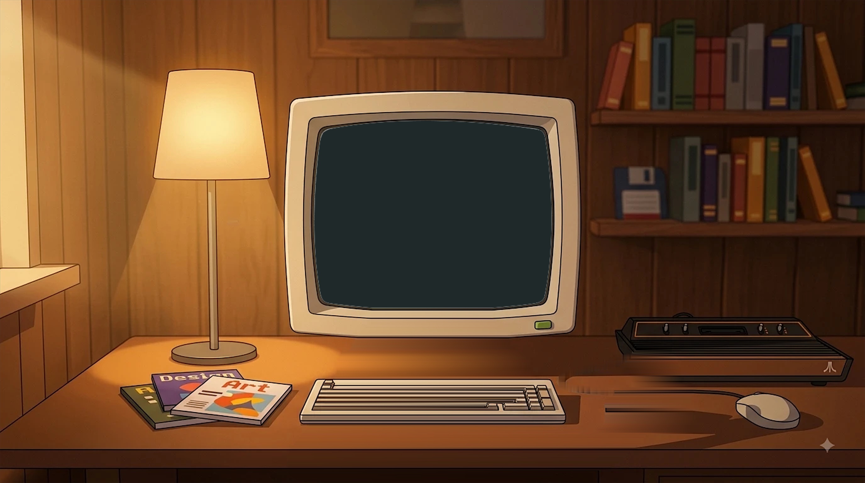 Illustration of Hasan at his desk in a cosy wood-panelled room, playing on a retro computer that shows his portfolio menu